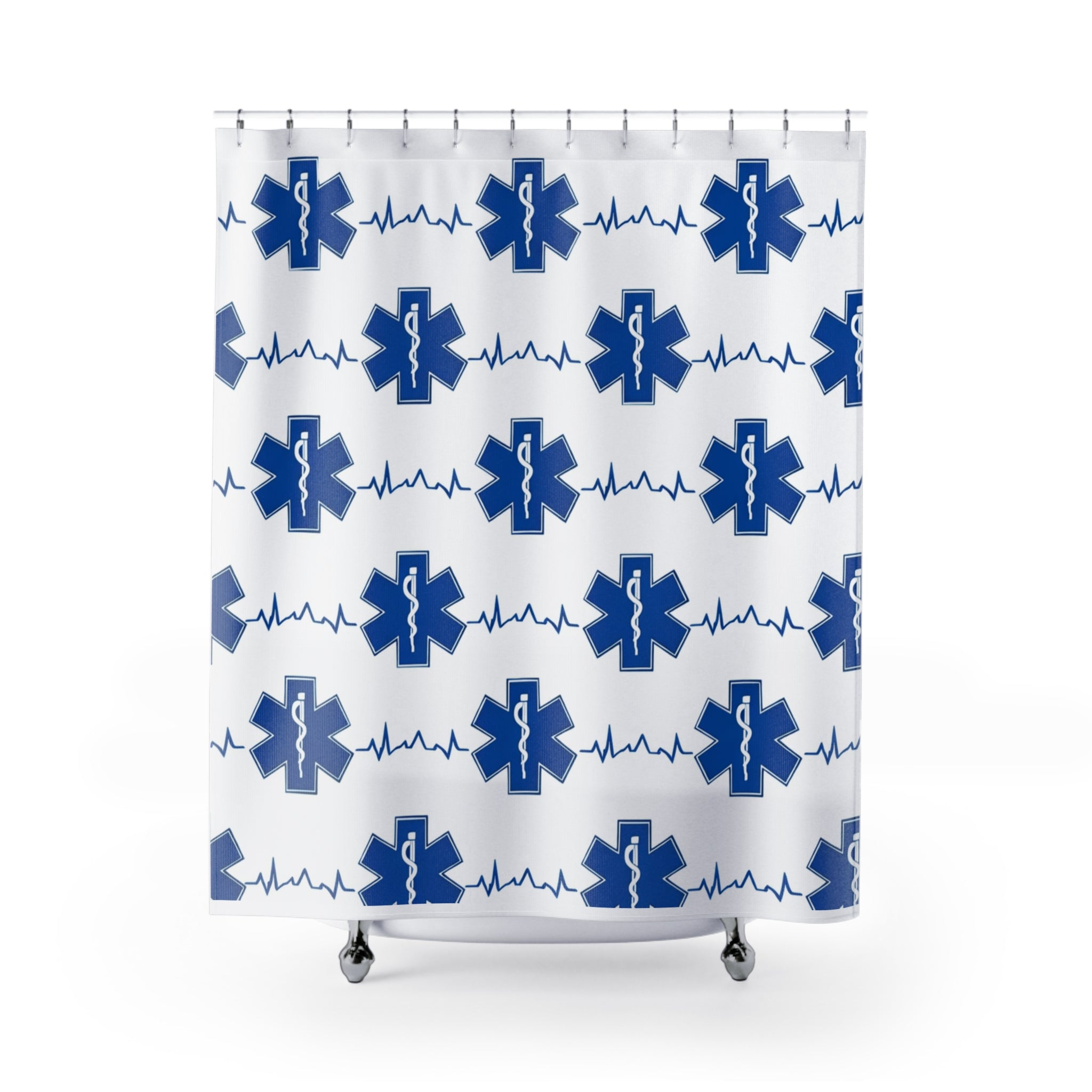 EMS Star of Life Shower Curtain — Blue Medical/Paramedic ECG Bathroom Decor