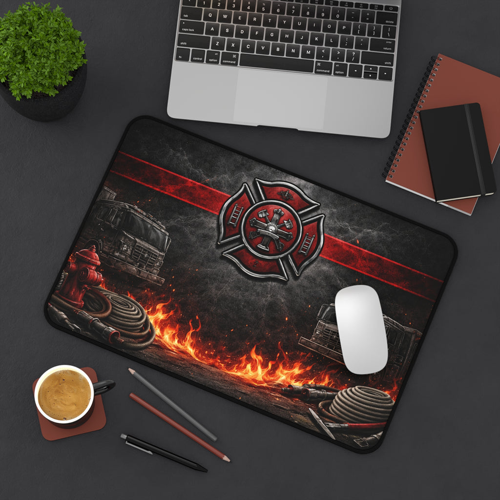 Firefighter Desk Mat — Maltese Cross, Fire Engines & Flames Gaming/Office Pad