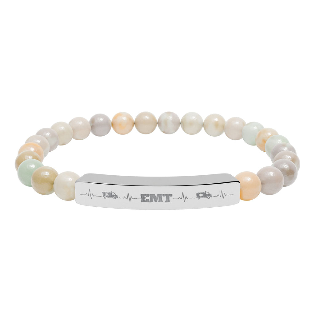 Engravable Natural Stone Stretch Bar Bracelet — Personalized Beaded Medical/EMT ID Bracelet