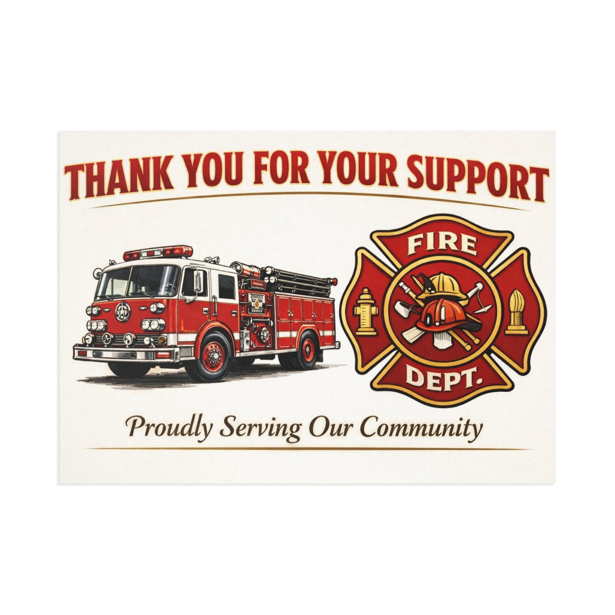 Fire Department Thank You Postcards — 'Thank You For Your Support' Fine Art Card (Proudly Serving Our Community)