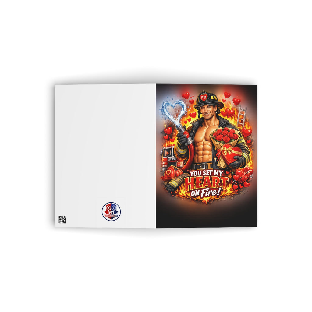 Greeting Card — 'You Set My Heart on Fire!' Sexy Firefighter Valentine Card