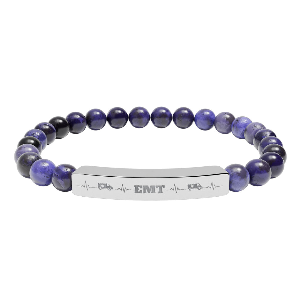 Engravable Natural Stone Stretch Bar Bracelet — Personalized Beaded Medical/EMT ID Bracelet