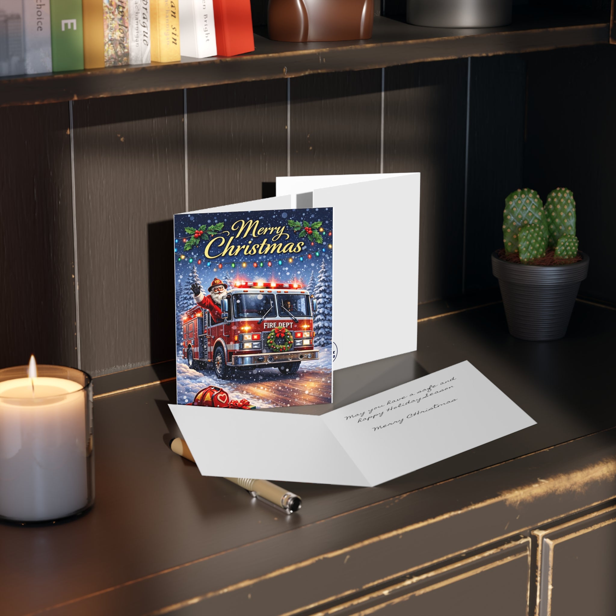Merry Christmas Firetruck Greeting Cards – Pack of 8/16/24 Holiday Cards