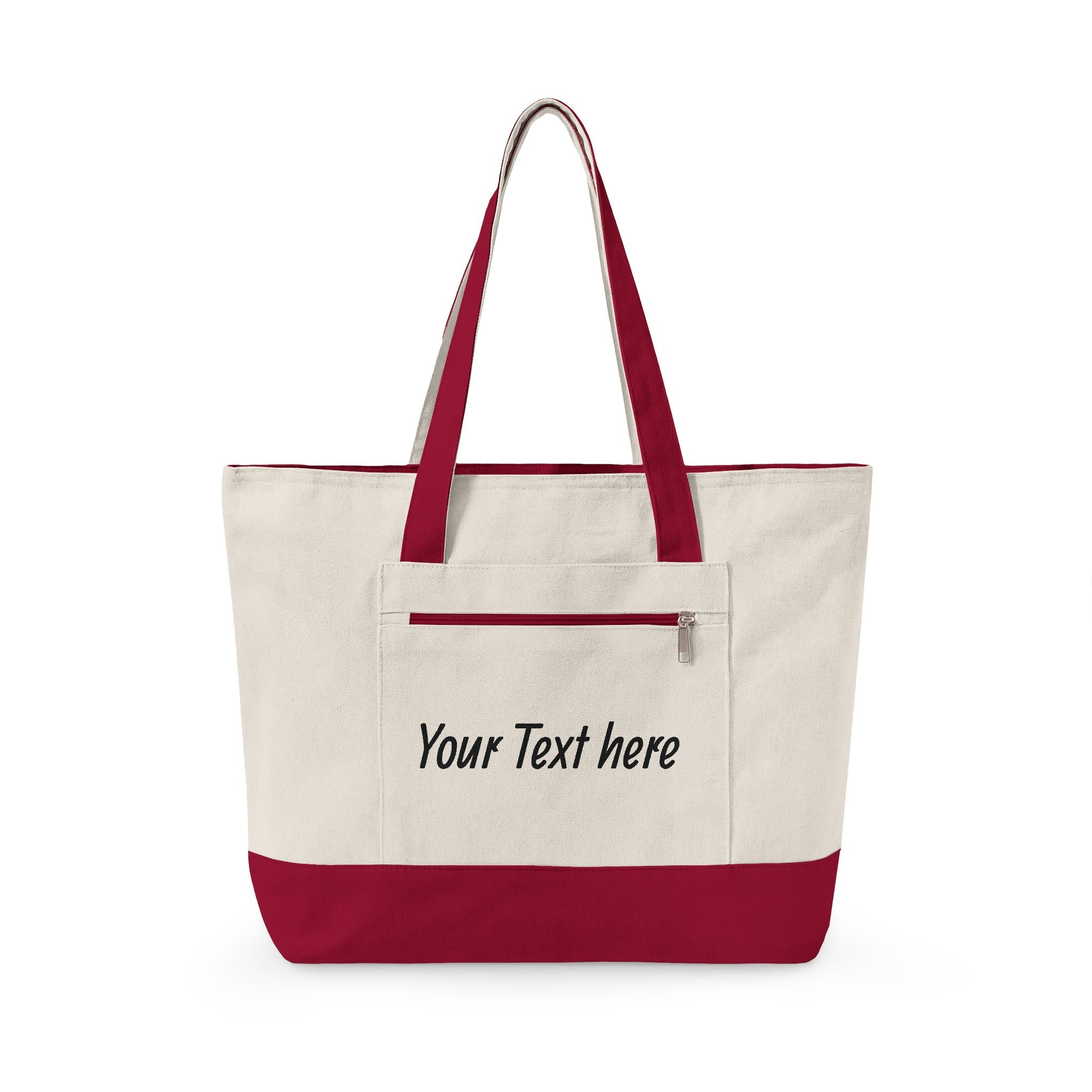 Canvas Tote Bag — Customizable Zippered Canvas Tote with Front Pocket (Add Your Text)
