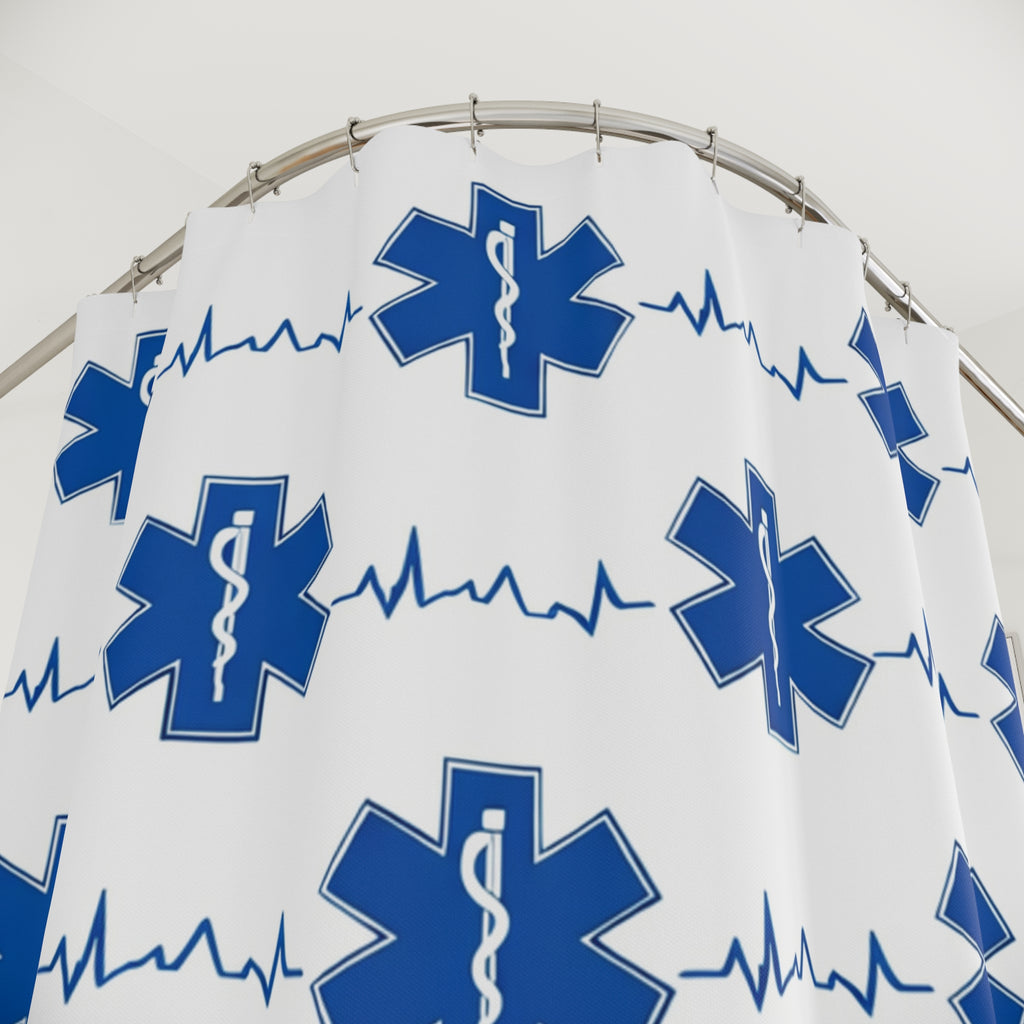 EMS Star of Life Shower Curtain — Blue Medical/Paramedic ECG Bathroom Decor