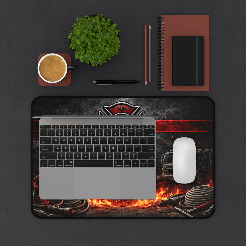 Firefighter Desk Mat — Maltese Cross, Fire Engines & Flames Gaming/Office Pad