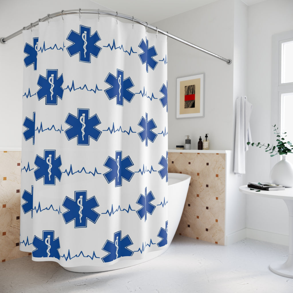 EMS Star of Life Shower Curtain — Blue Medical/Paramedic ECG Bathroom Decor