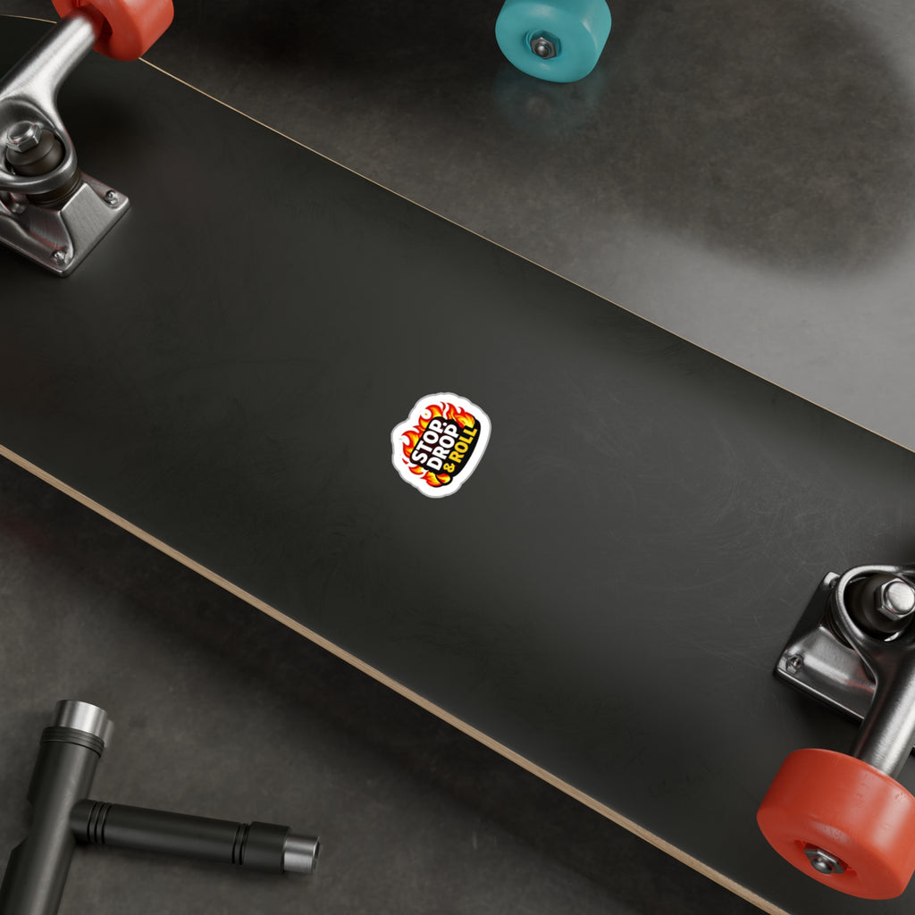 Stop, Drop & Roll Flame Vinyl Sticker — Kiss-Cut Decal for Safety Awareness, Laptops & Water Bottles