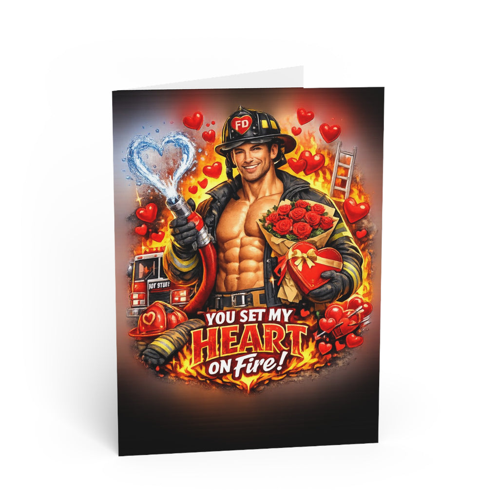Greeting Card — 'You Set My Heart on Fire!' Sexy Firefighter Valentine Card