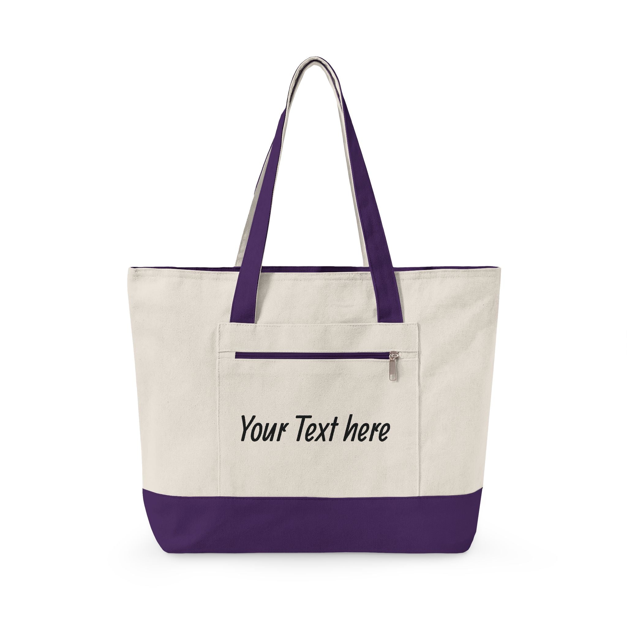 Canvas Tote Bag — Customizable Zippered Canvas Tote with Front Pocket (Add Your Text)