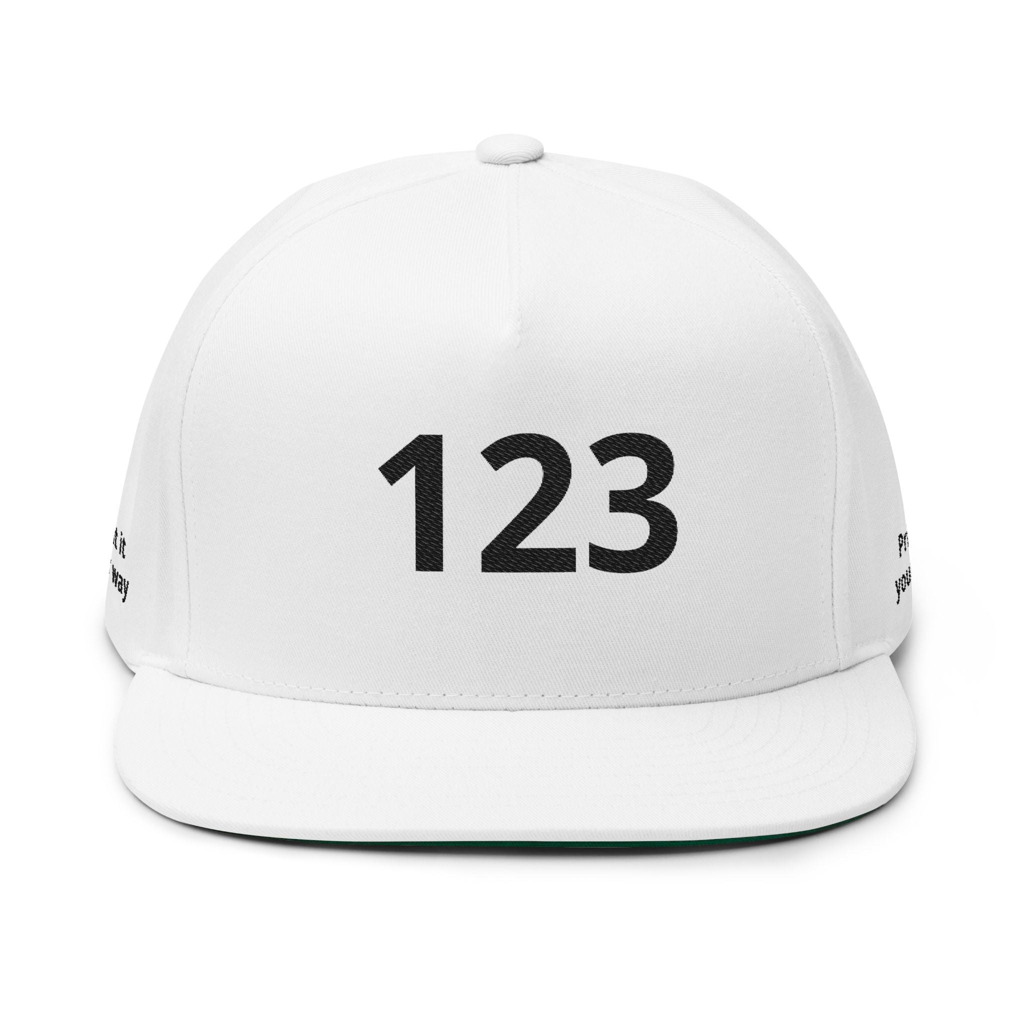 Embroidered '123' Flat Bill Cap — Customizable Snapback Hat