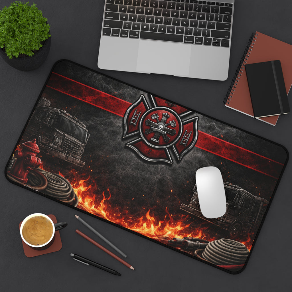 Firefighter Desk Mat — Maltese Cross, Fire Engines & Flames Gaming/Office Pad