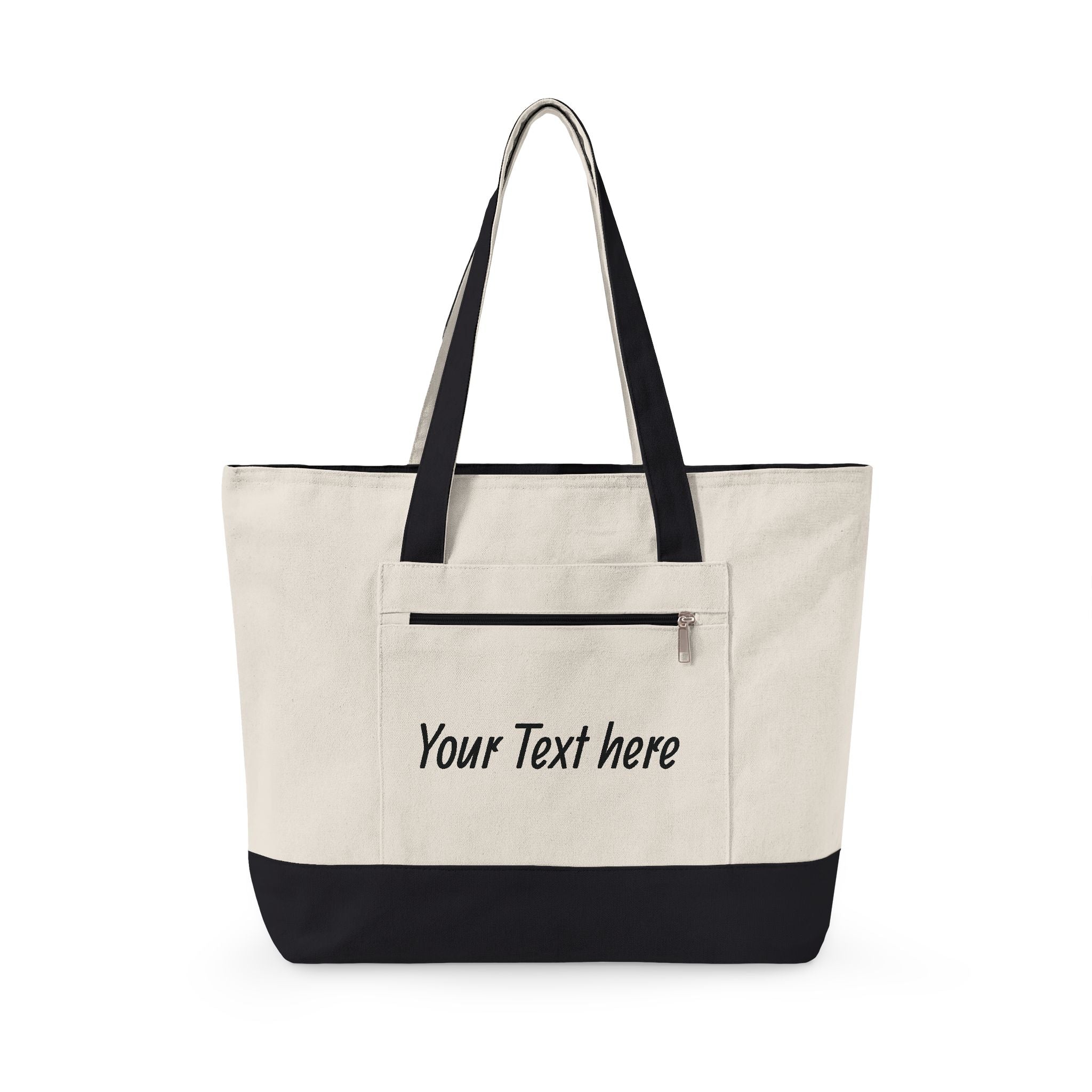 Canvas Tote Bag — Customizable Zippered Canvas Tote with Front Pocket (Add Your Text)