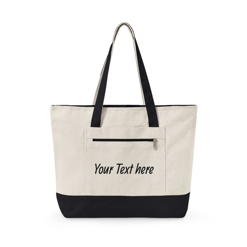 Canvas Tote Bag — Customizable Zippered Canvas Tote with Front Pocket (Add Your Text)
