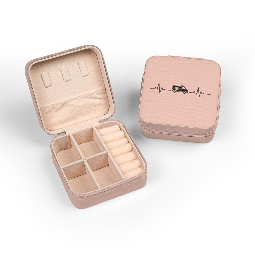 Travel Jewelry Case — Compact Rose Gold Organizer with Heartbeat Design