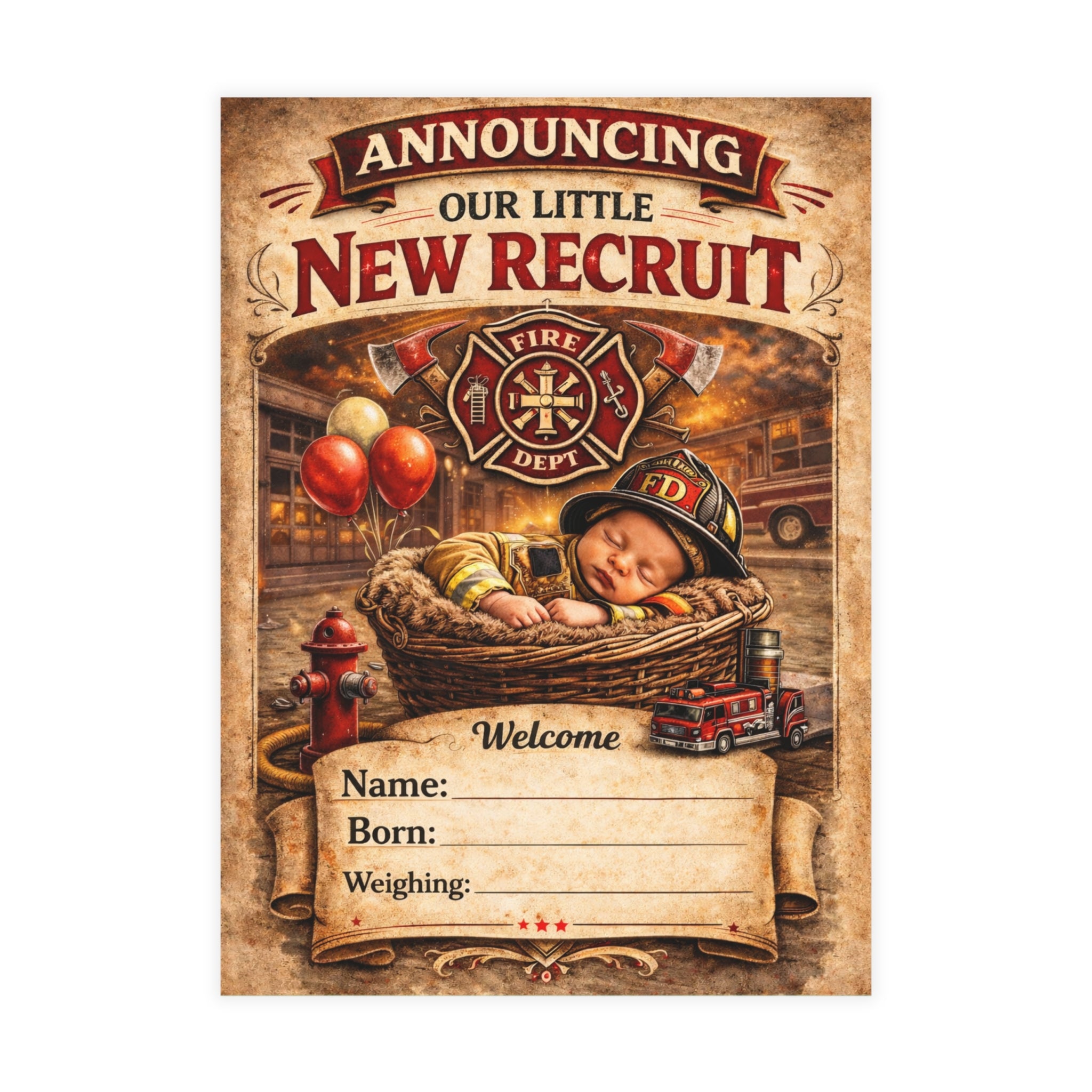 New recruit has Arrived- Baby Announcement card (envelopes included)