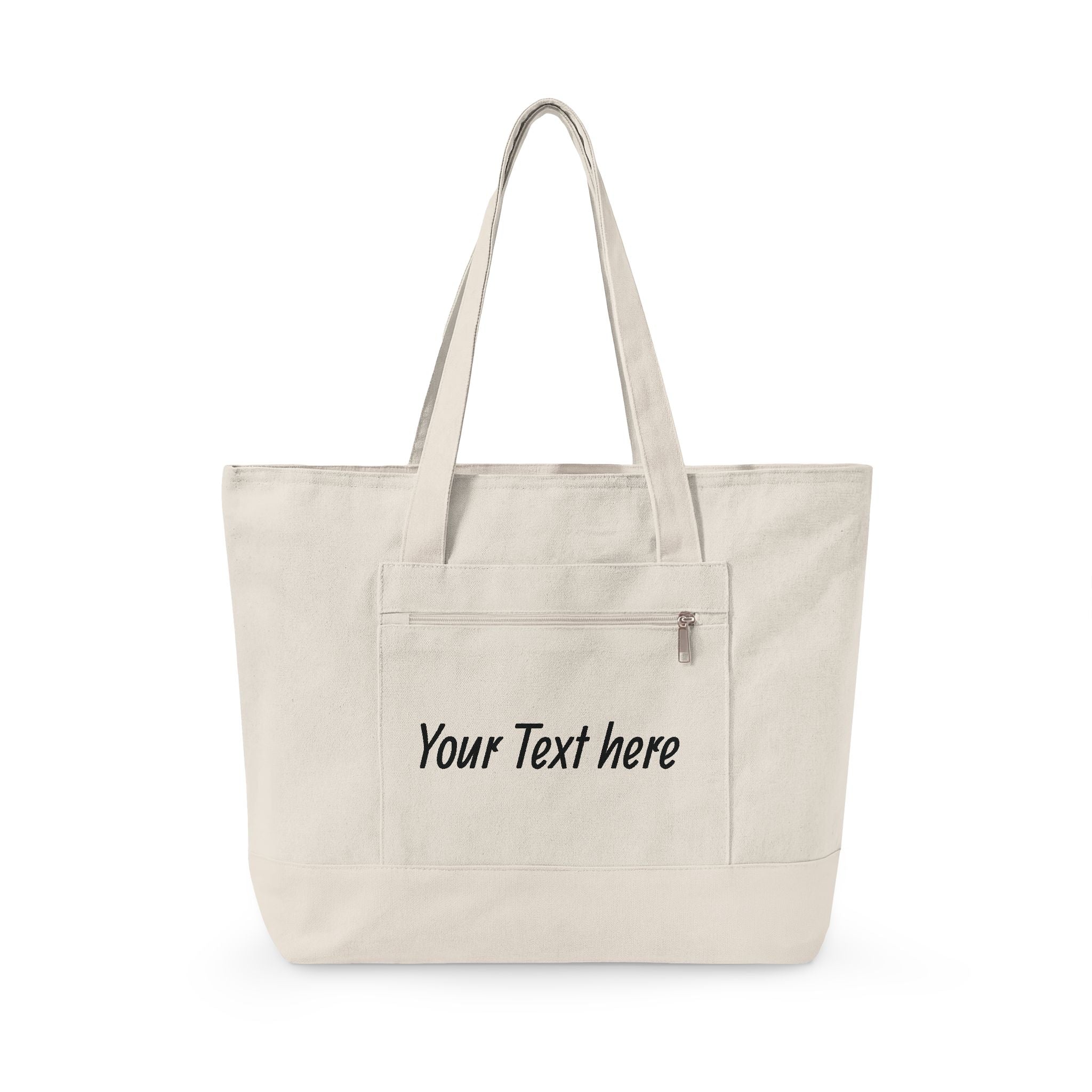 Canvas Tote Bag — Customizable Zippered Canvas Tote with Front Pocket (Add Your Text)