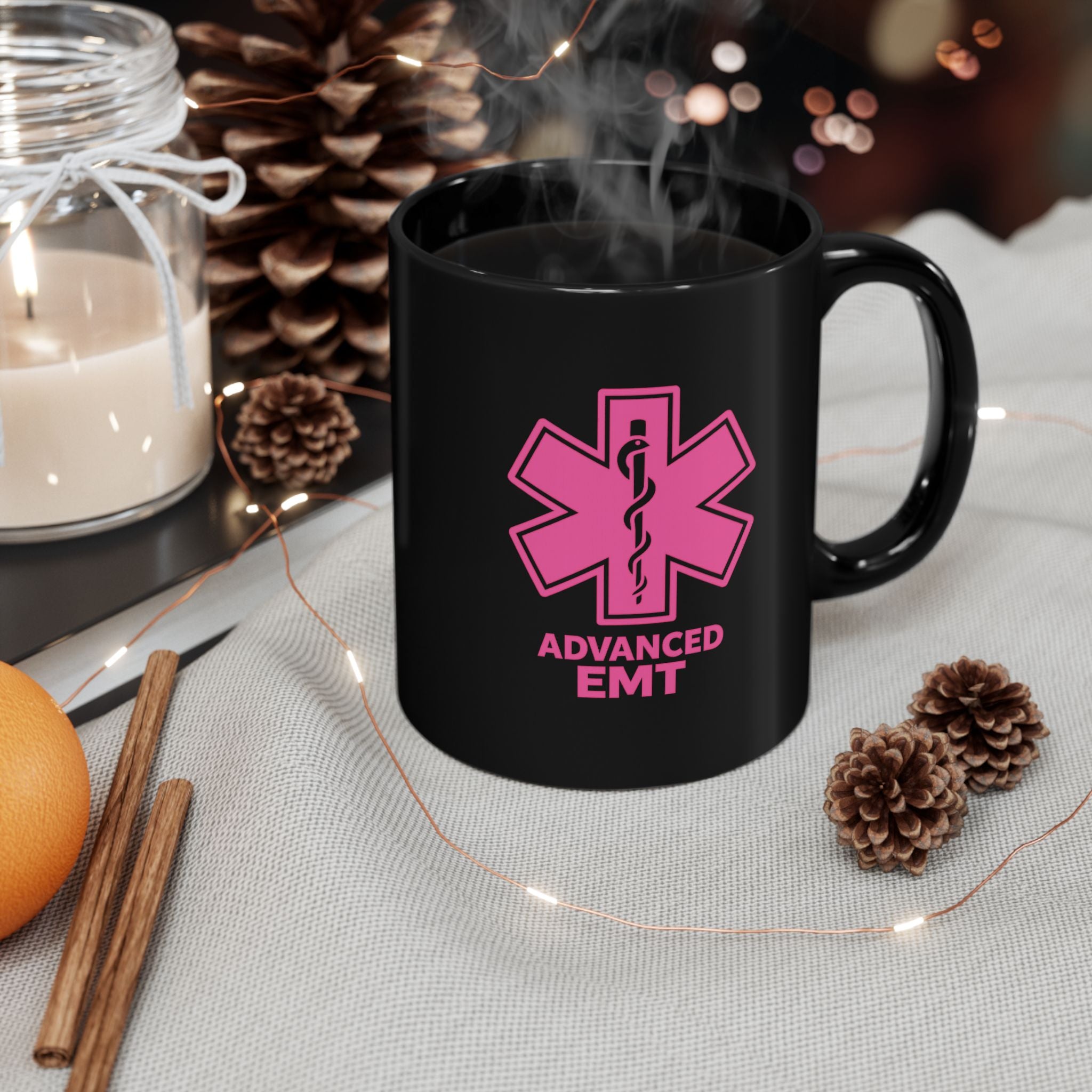 Advanced EMT Pink Star of Life Black Mug — 11oz & 15oz Coffee Cup