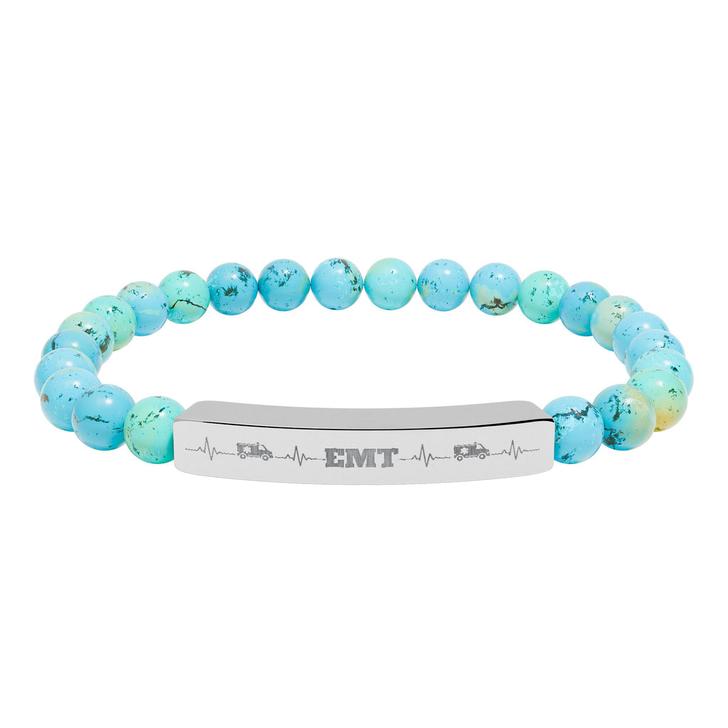 Engravable Natural Stone Stretch Bar Bracelet — Personalized Beaded Medical/EMT ID Bracelet