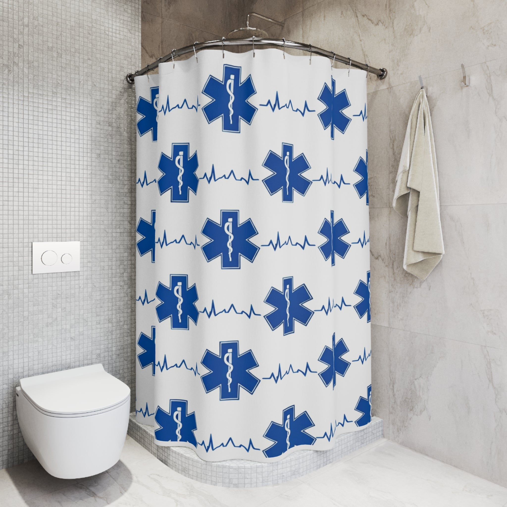 EMS Star of Life Shower Curtain — Blue Medical/Paramedic ECG Bathroom Decor