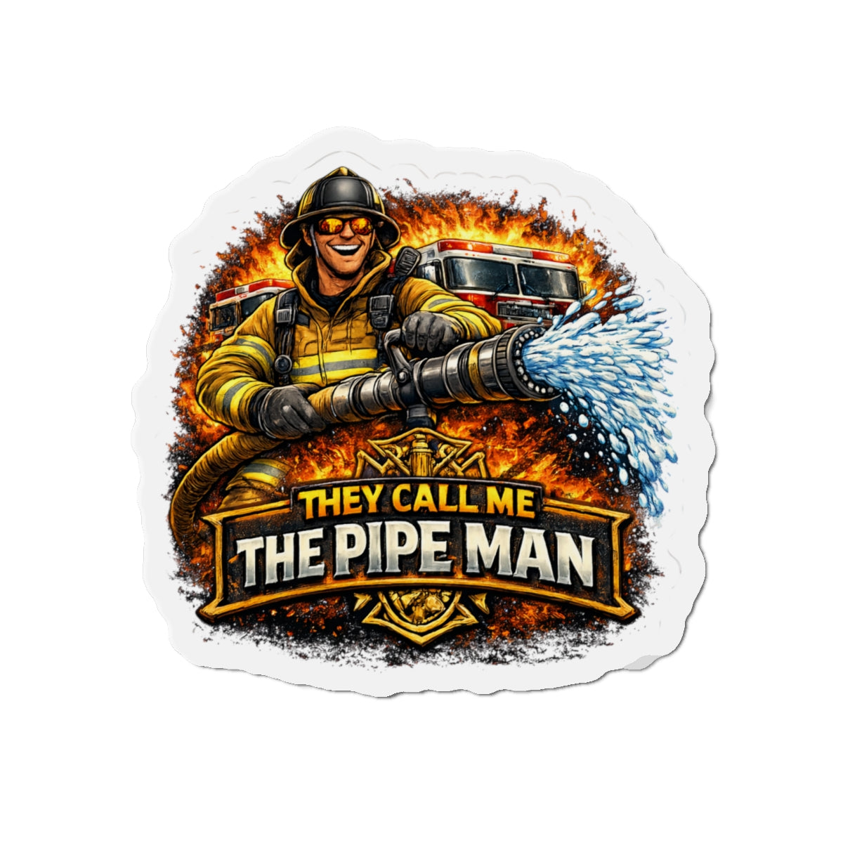 Die-Cut Magnet — "They Call Me The Pipe Man" Firefighter Hose Design