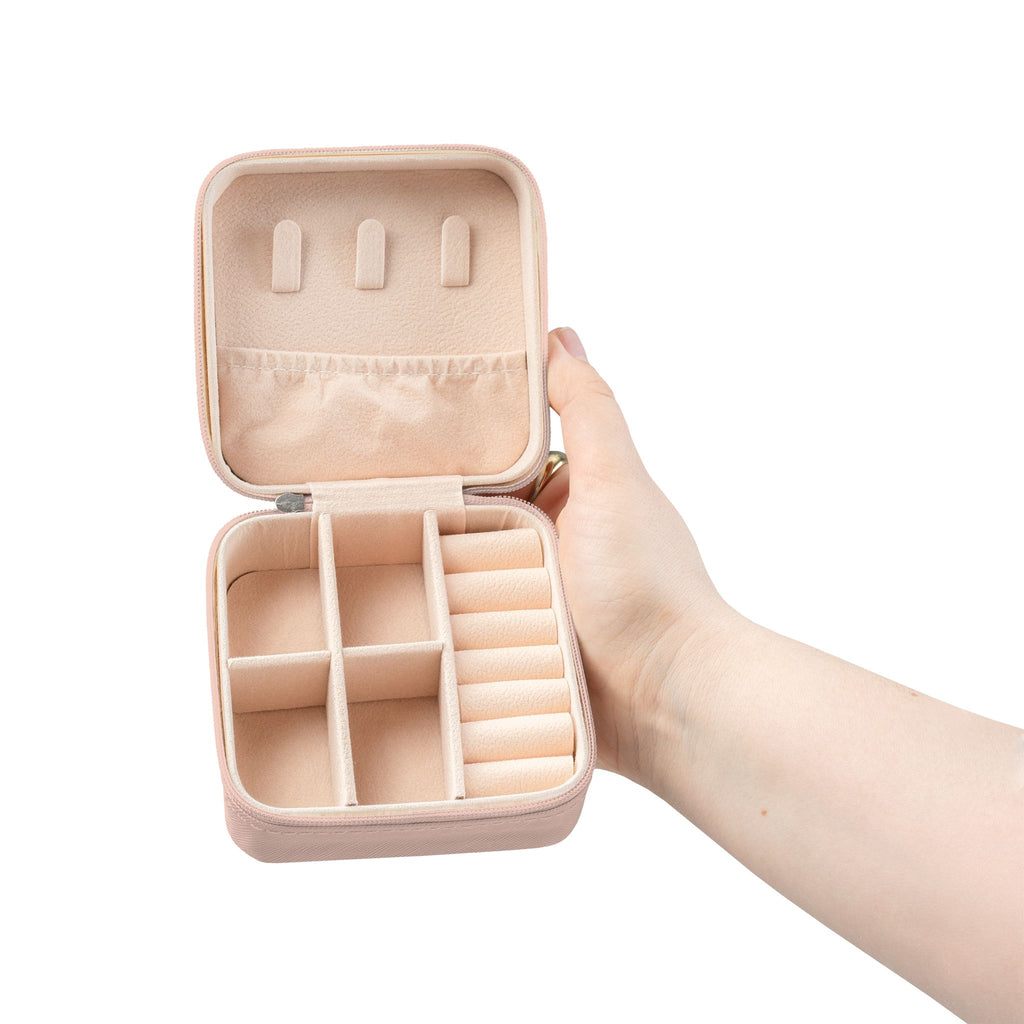 Travel Jewelry Case — Compact Rose Gold Organizer with Heartbeat Design