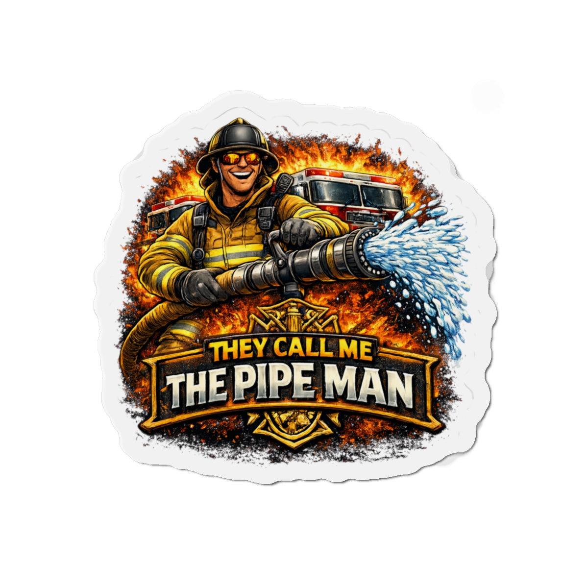 Die-Cut Magnet — "They Call Me The Pipe Man" Firefighter Hose Design