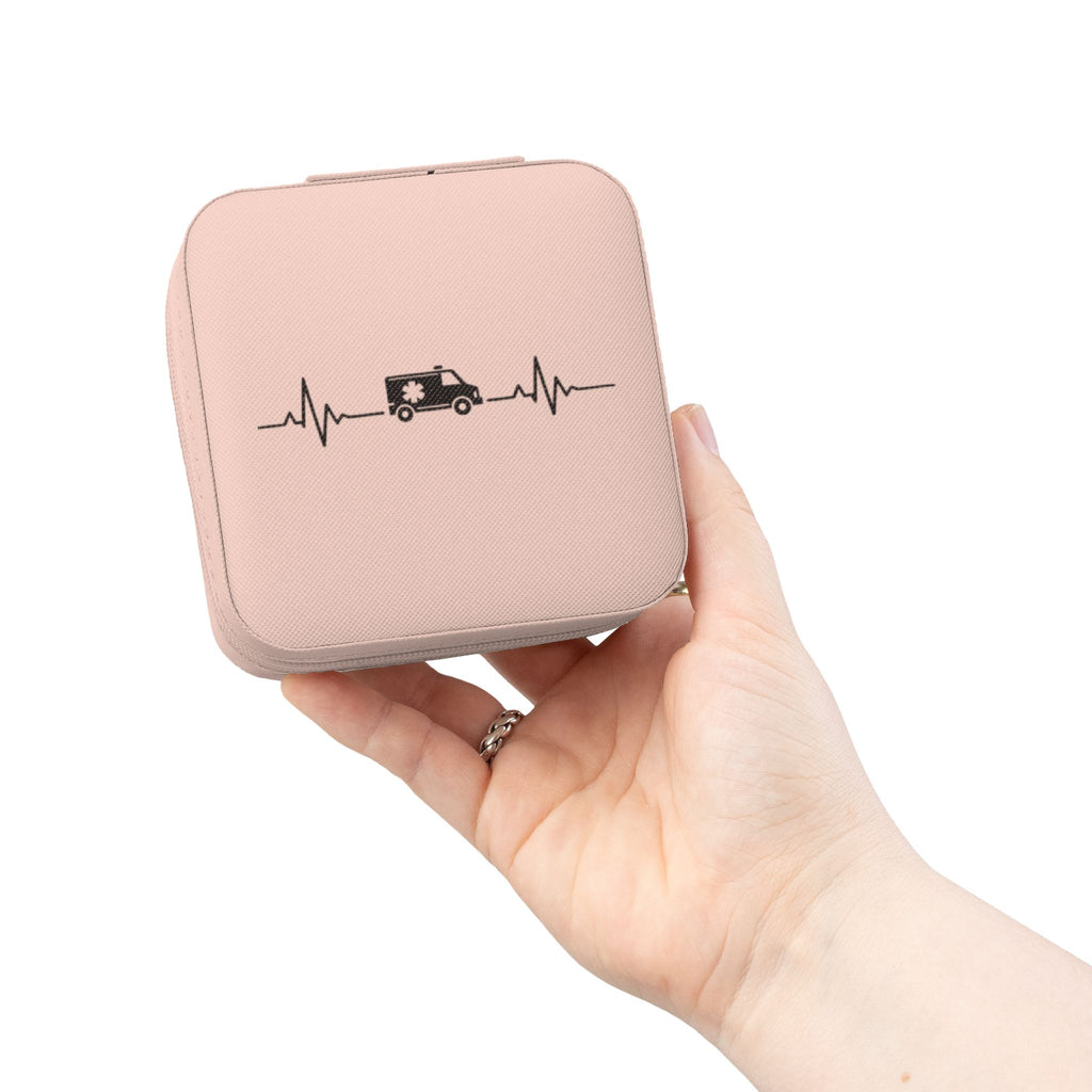 Travel Jewelry Case — Compact Rose Gold Organizer with Heartbeat Design