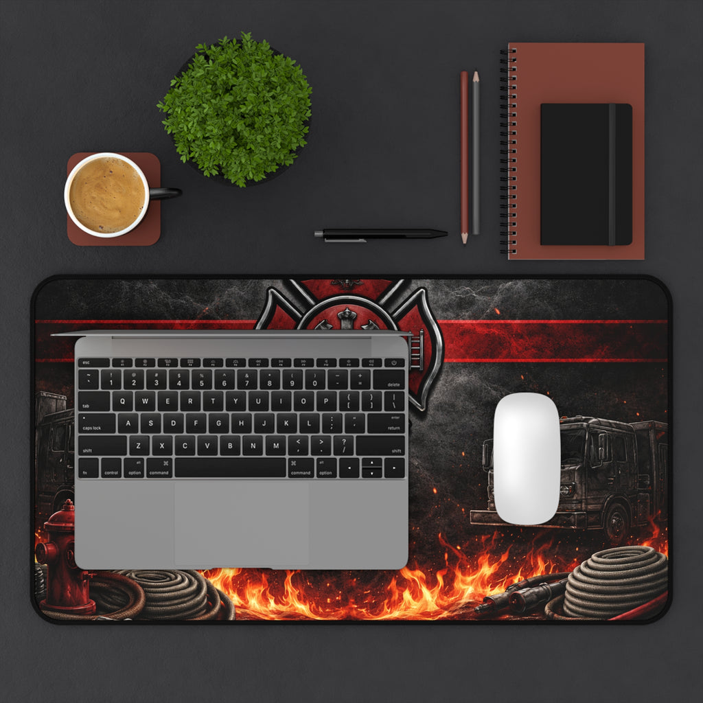 Firefighter Desk Mat — Maltese Cross, Fire Engines & Flames Gaming/Office Pad