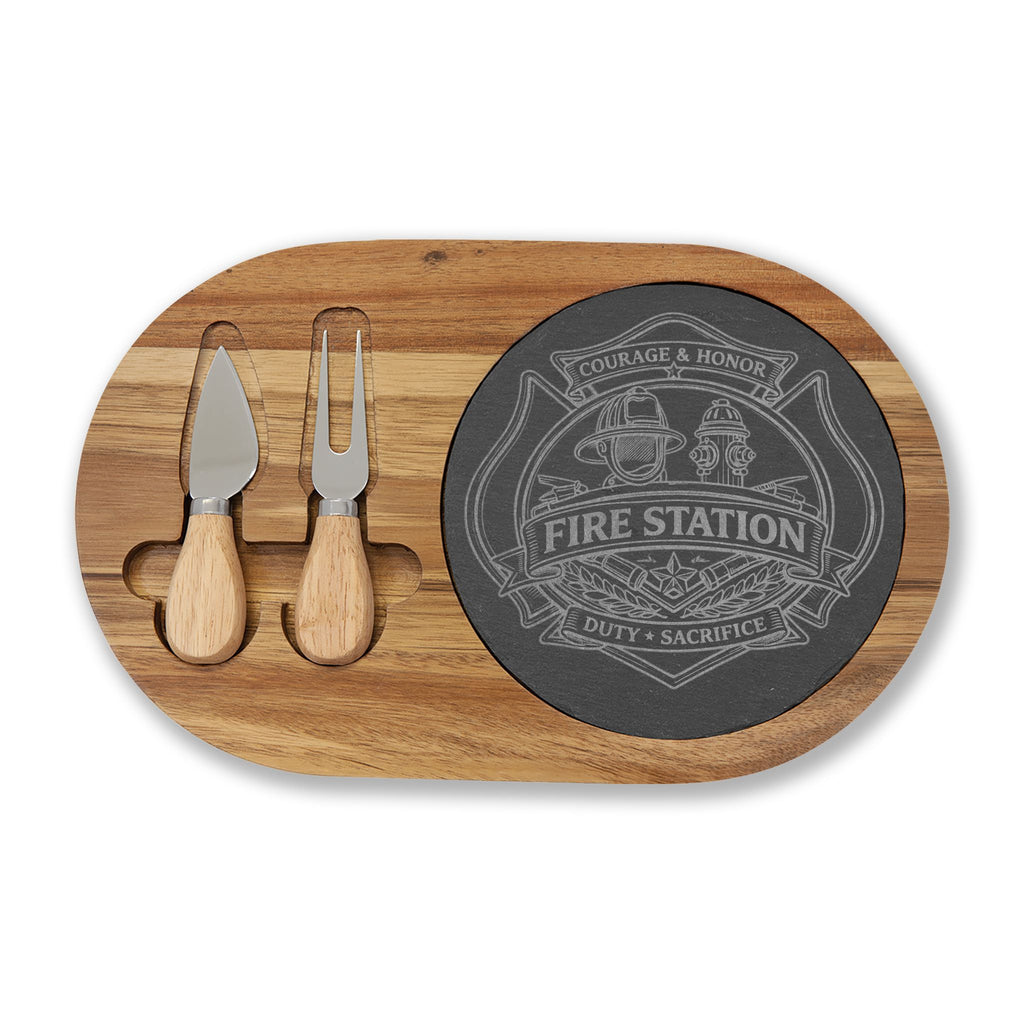 Engraved Fire Station Charcuterie Board with Slate Insert & Cheese Tools