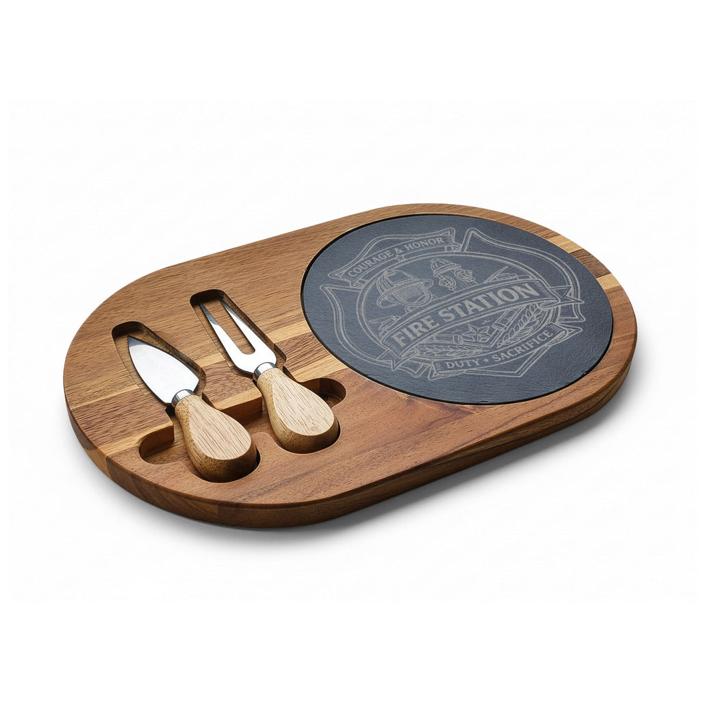 Engraved Fire Station Charcuterie Board with Slate Insert & Cheese Tools